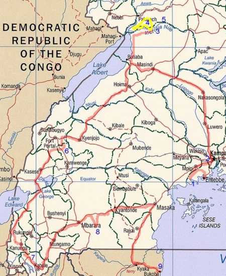 Uganda map with route